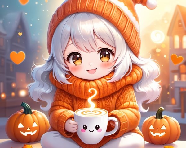 Chibi Girl in Cozy Sweater with Pumpkins and Lights