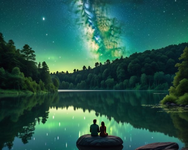 Figures by a tranquil lake under a starry sky