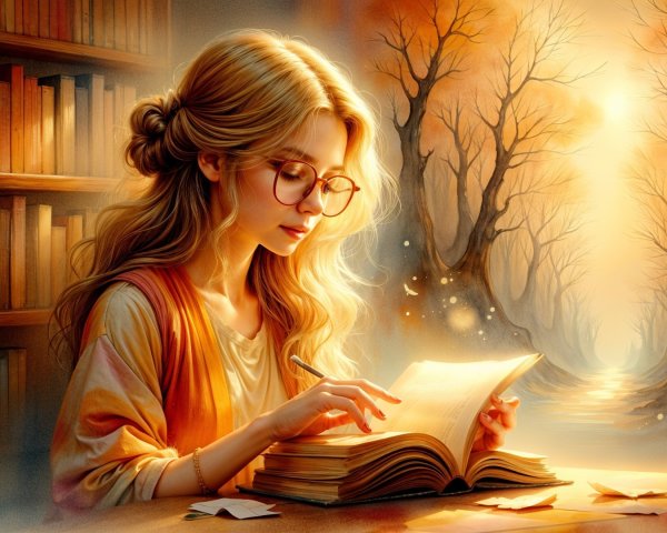 Young woman writing in a cozy library setting