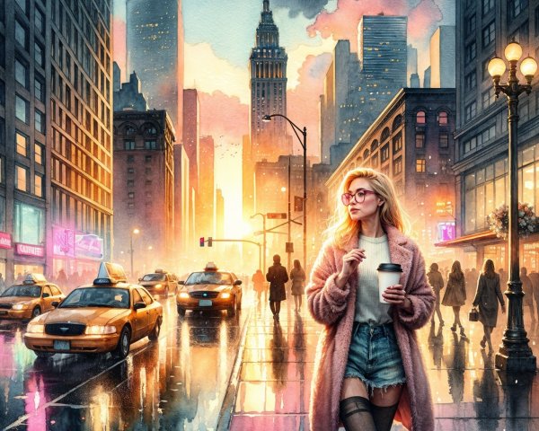 Stylish Woman in City Street at Dusk with Coffee