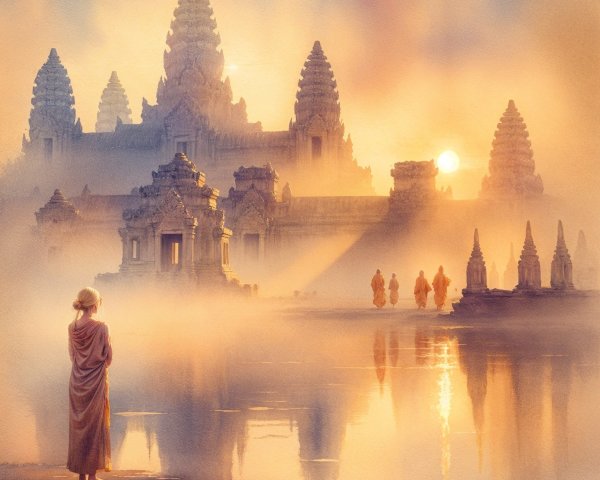 Dawn Scene of a Temple in a Misty Landscape