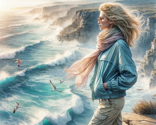 Woman on Cliff Overlooking Turbulent Ocean Waves