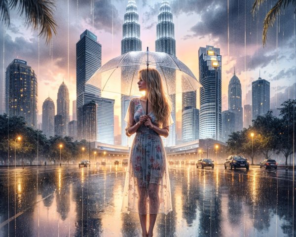 Young Woman with Umbrella in Rainy Cityscape