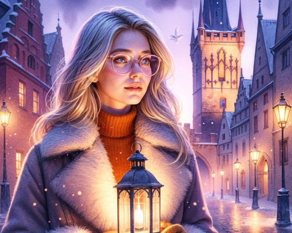 Young Woman in Snowy Medieval Street with Lantern