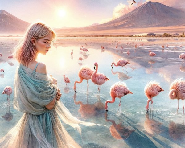 Young Woman by Lake with Flamingos at Sunset