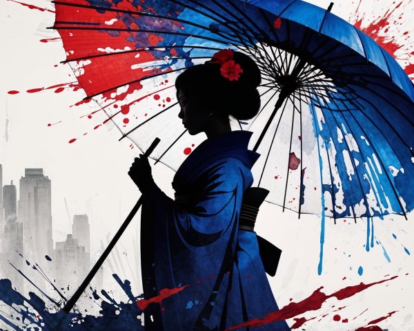 Silhouette of Woman in Traditional Attire with Umbrella