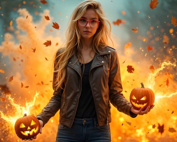 Young Woman with Jack-o'-Lanterns in Fiery Setting