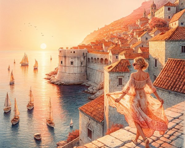 Woman in Dress Overlooking Coastal Town at Sunset