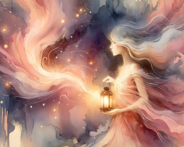 Ethereal figure in dreamlike landscape with lantern