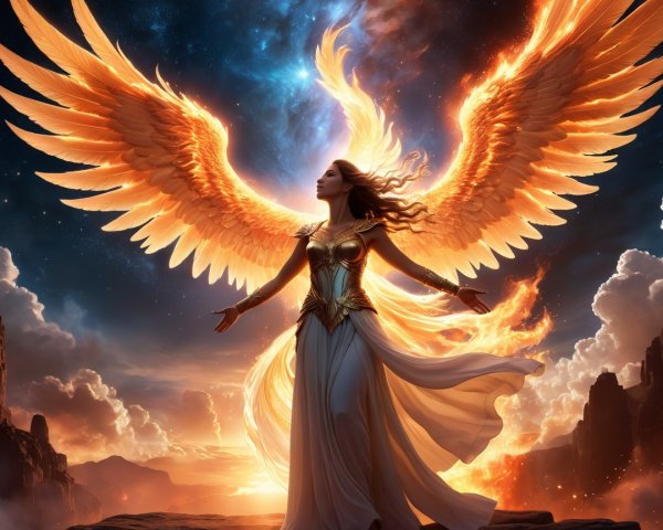 Majestic figure with golden wings in cosmic flames