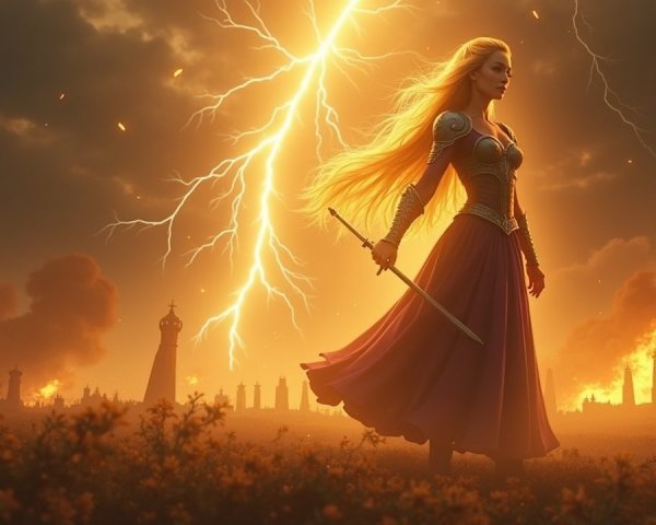 Fierce Warrior in Fiery, Chaotic Landscape