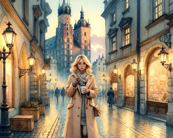 Young Woman in Beige Coat in Scenic Cityscape