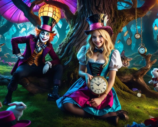Whimsical Forest Scene with Vintage Dress and Clock
