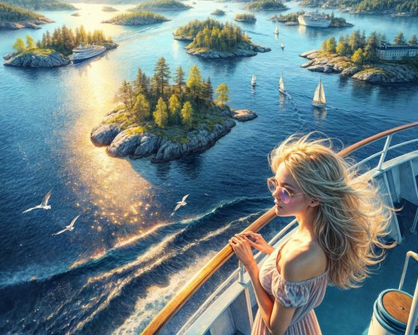 Woman on Ship Deck Overlooking Serene Seascape