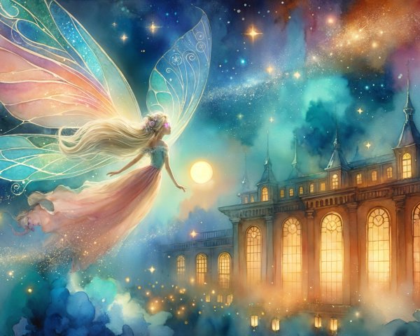 Fairy with Iridescent Wings in Starry Night Sky