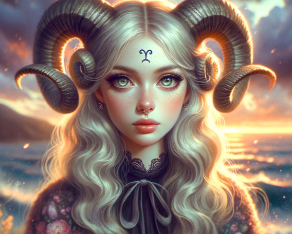 Mystical Figure with Ram Horns at Sunset by Sea