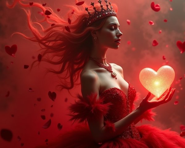 Regal woman in red gown with glowing heart and roses