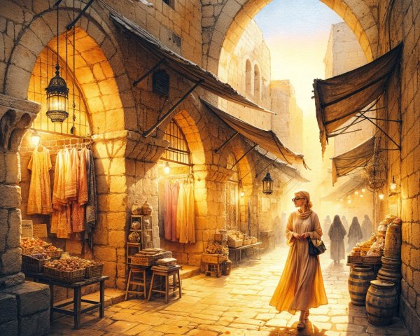 Ancient Marketplace with Sunlit Stone Architecture