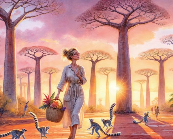 Serene landscape with baobab trees and lemurs