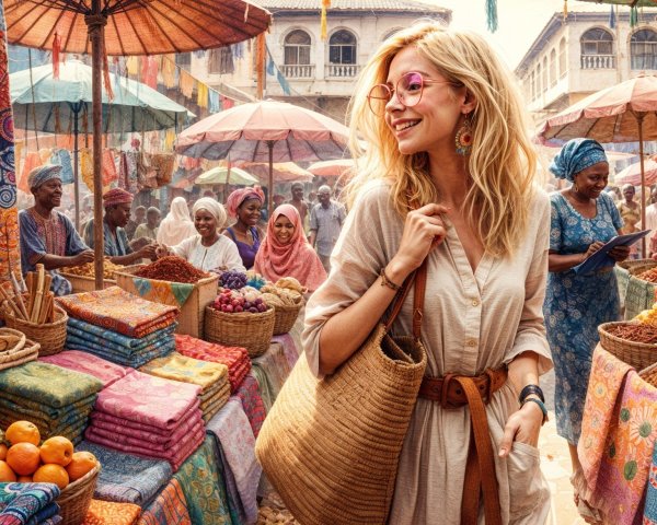 Vibrant Market Scene with Textiles and Fruits