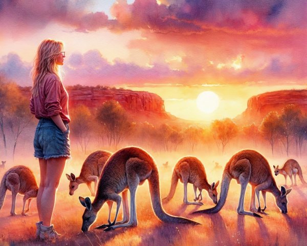 Woman with Kangaroos at Sunset in Vibrant Landscape