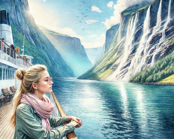 Young Woman on Boat in Scenic Fjord Landscape