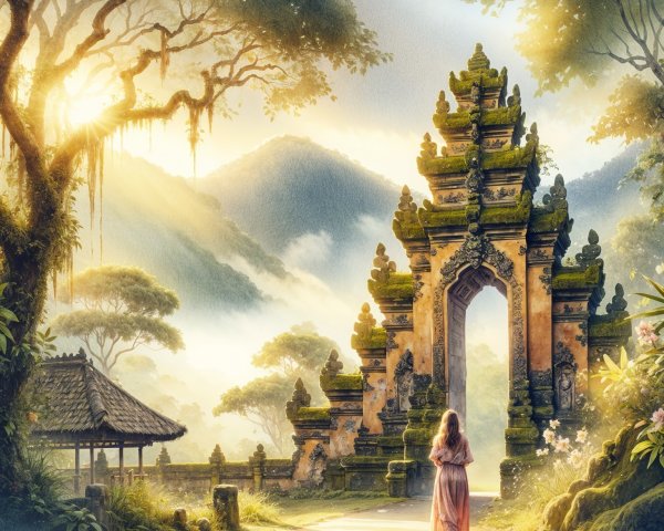 Ancient Balinese Temple Gate Surrounded by Nature