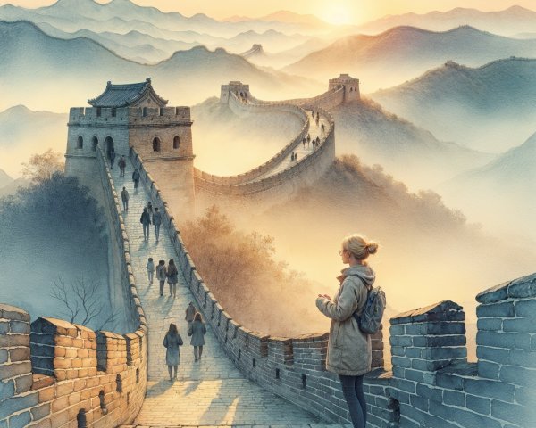 Great Wall of China at Sunrise with Tourists and Mist