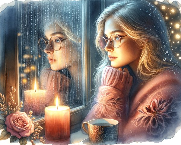 Young Woman in Sweater by Rainy Window with Candlelight