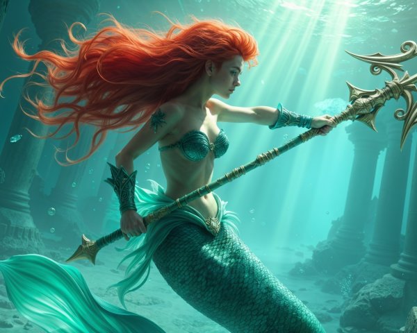 Underwater Scene with Mermaid and Ancient Columns