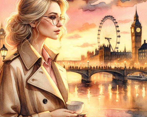 Stylish Woman by River at Sunset with London Skyline