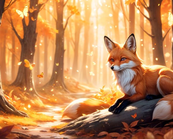 Autumn Forest Scene with Red Fox and Butterflies