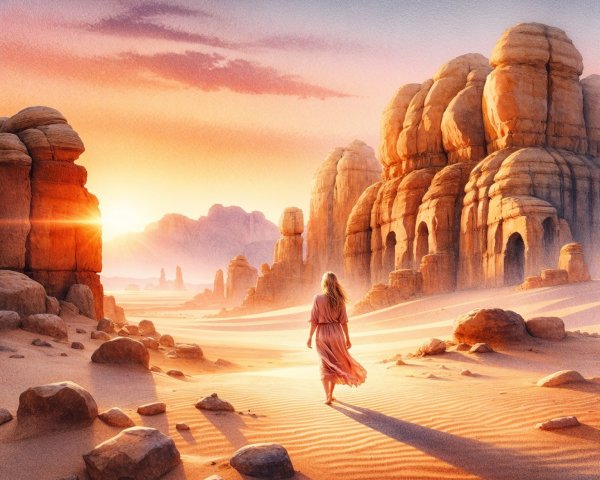 Desert Landscape at Sunrise with Woman in Flowing Dress