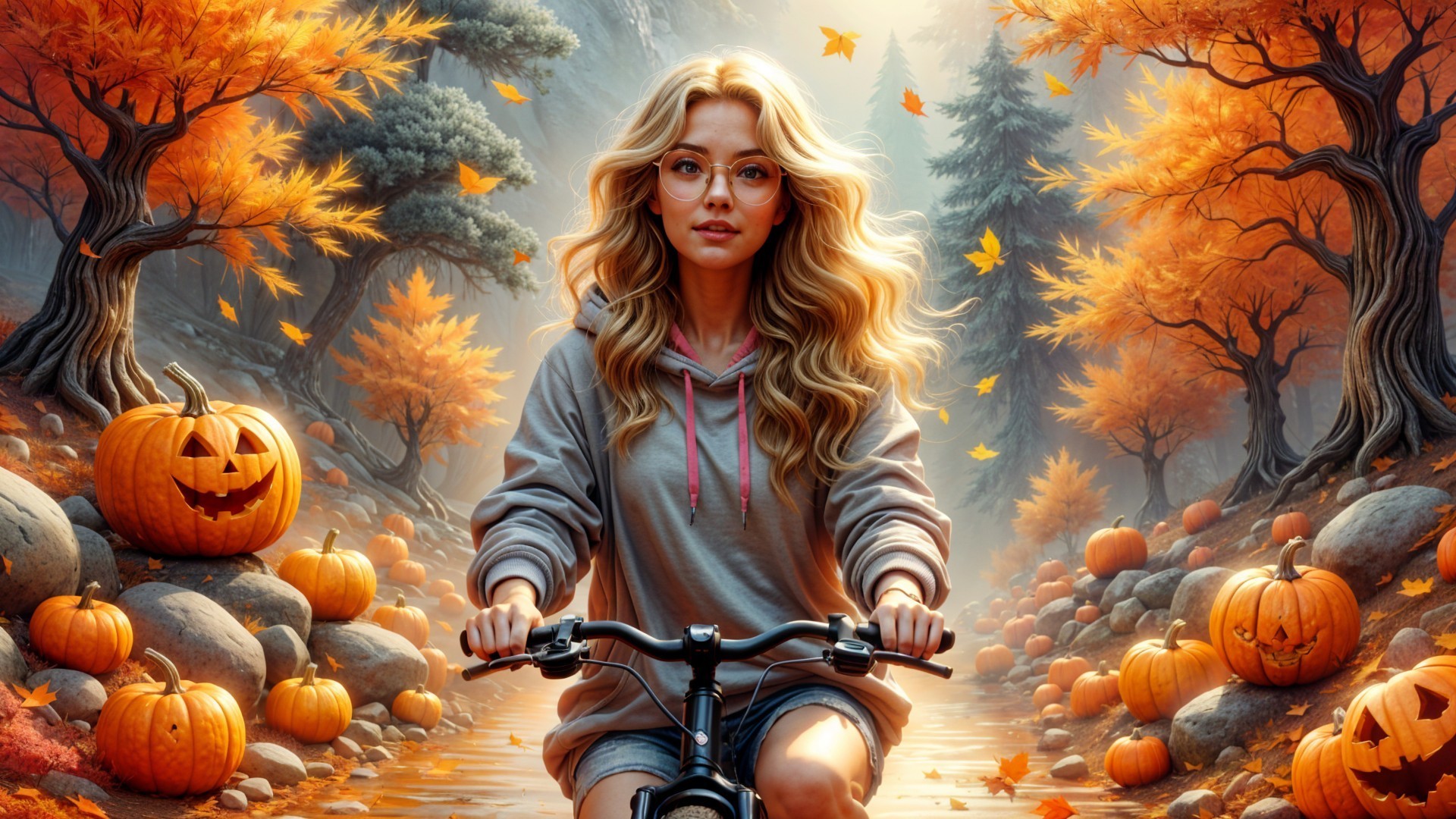 Young woman biking on an autumn path with pumpkins
