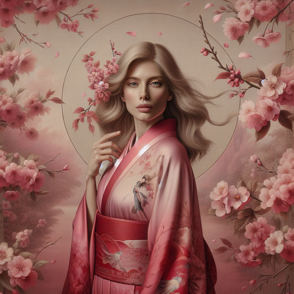 Portrait of a woman in pink kimono by cherry blossoms