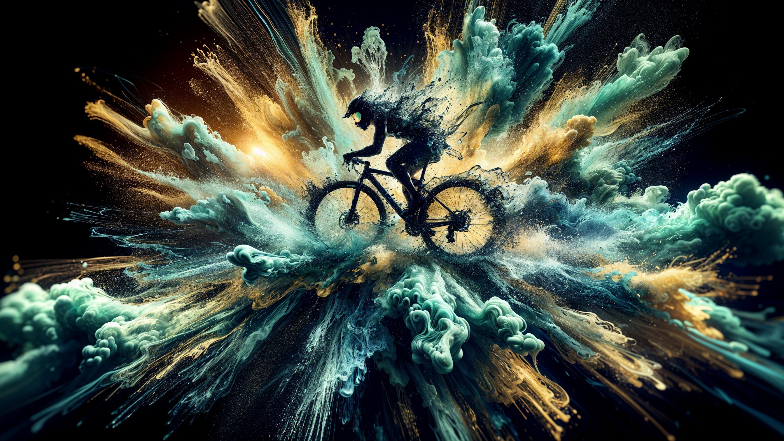 Mountain Biker in Colorful Motion and Energy Splash