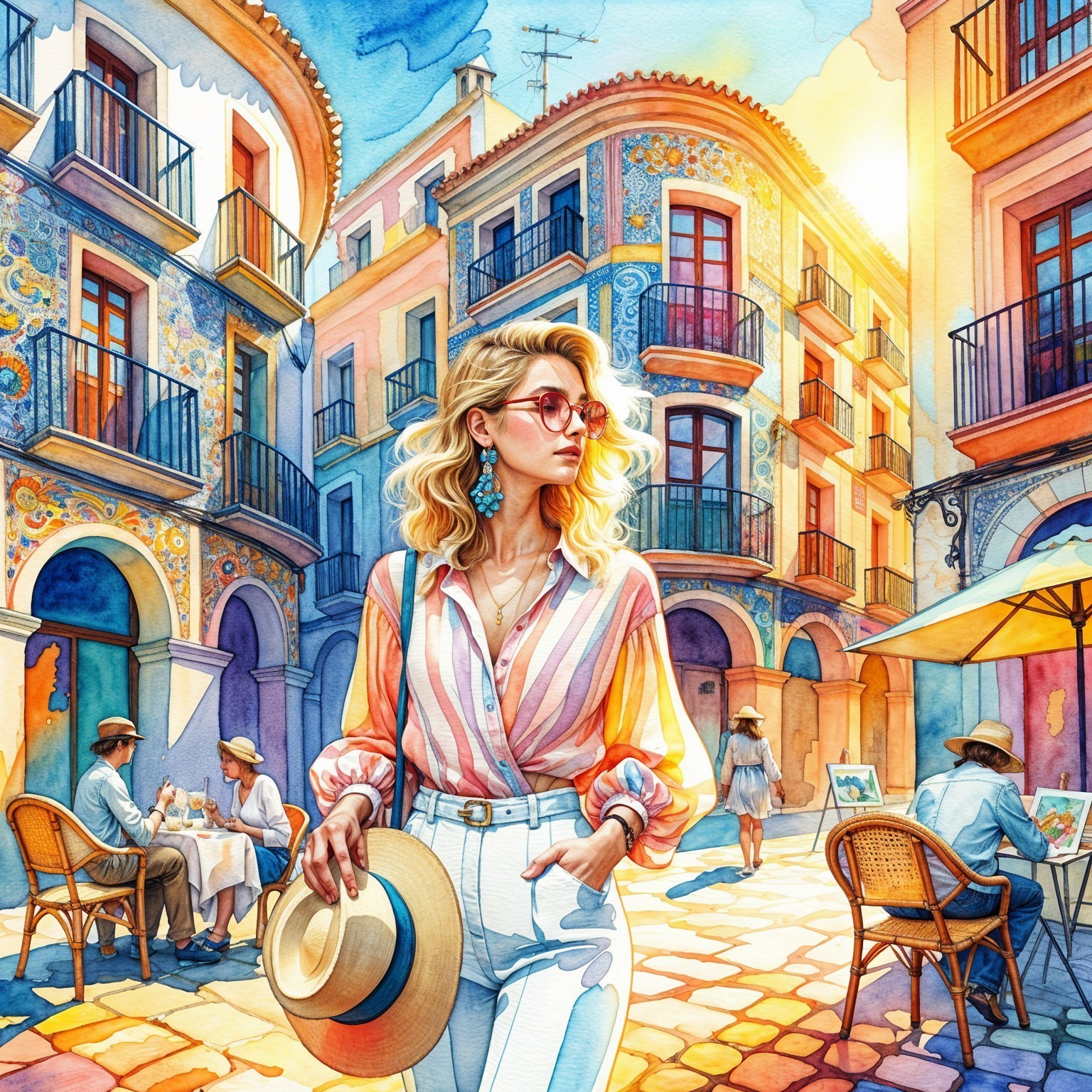 Vibrant Watercolor of a Sunlit Street Scene