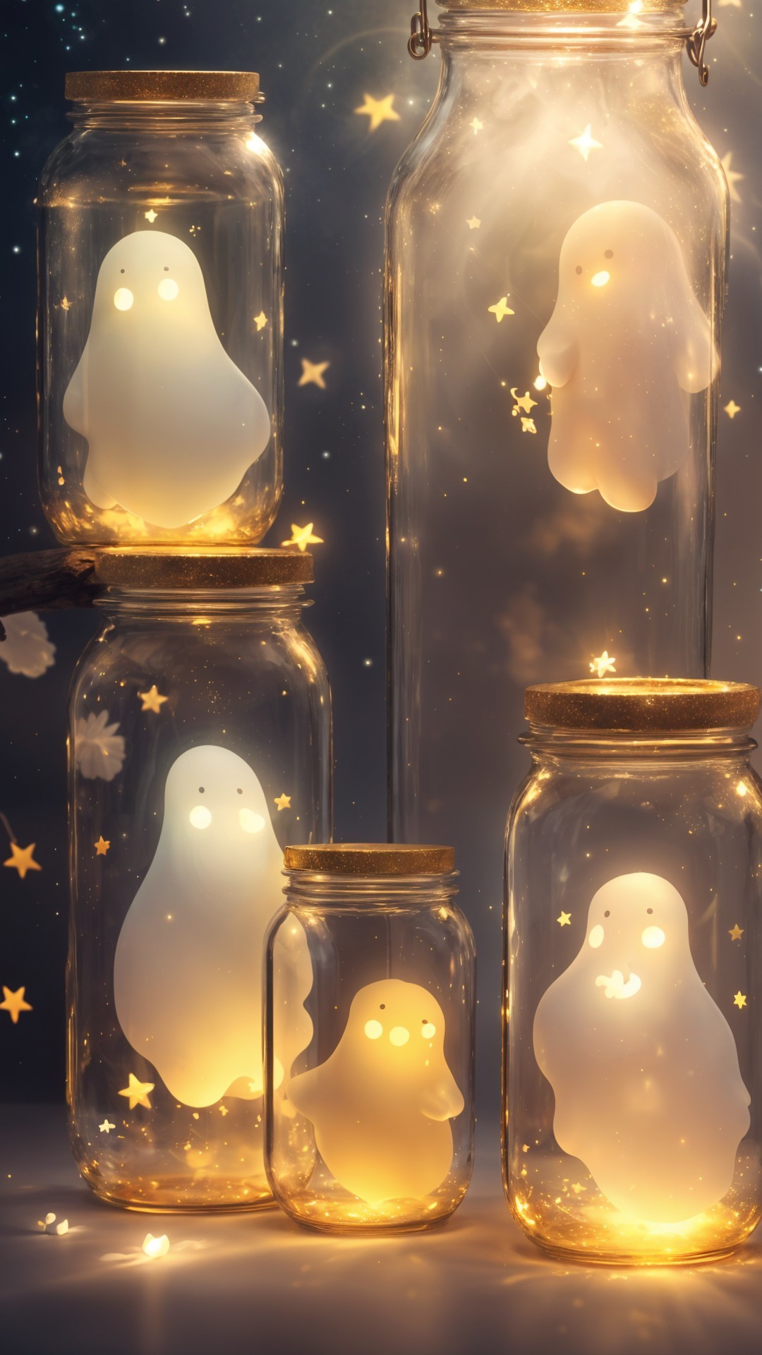 Glowing Ghosts in Jars with Star Motifs and Night Sky