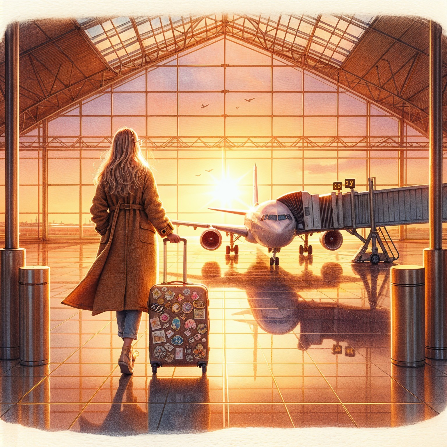 Watercolor Painting of Woman in Airport at Sunset