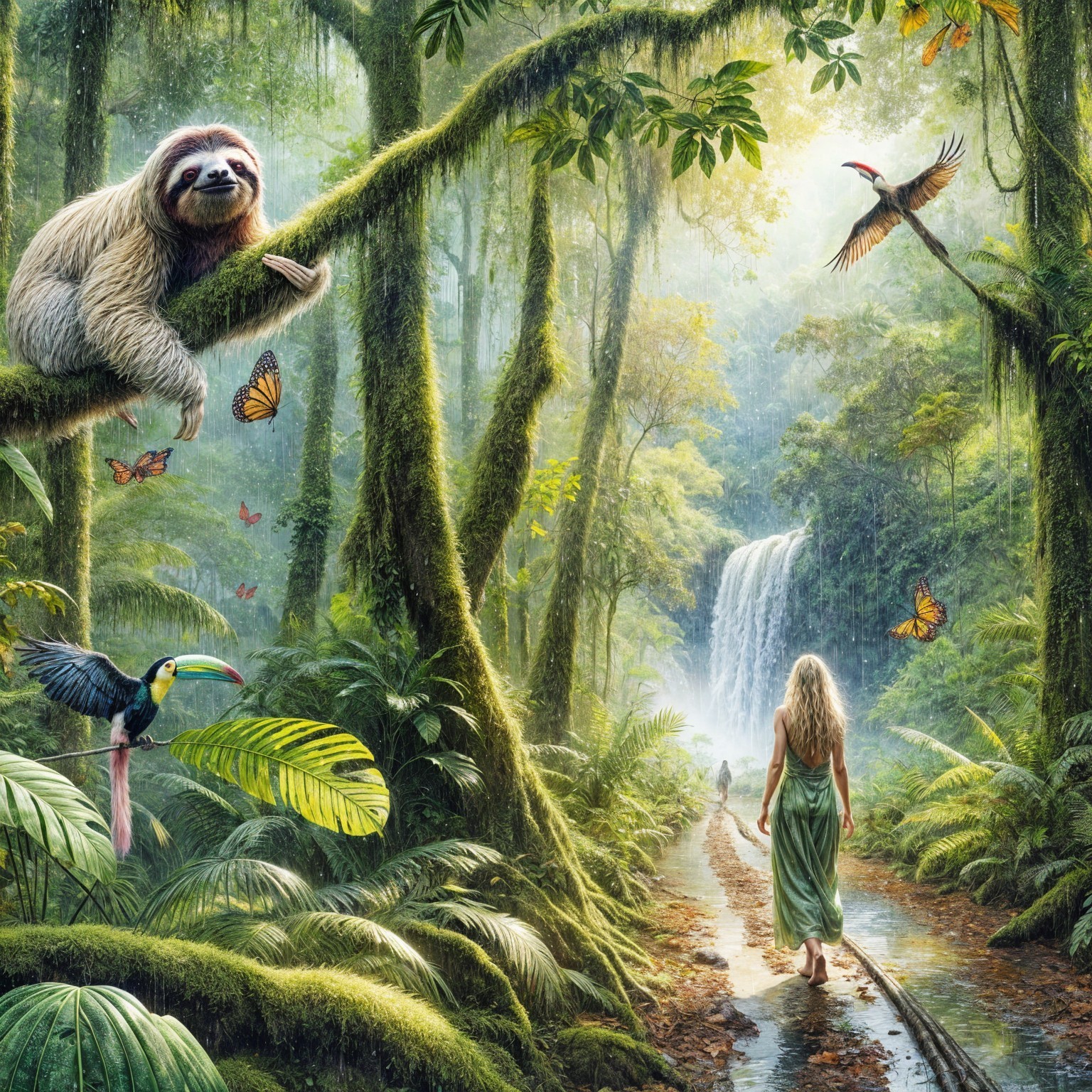 Rainforest Scene with Sloth, Toucans, and Waterfall