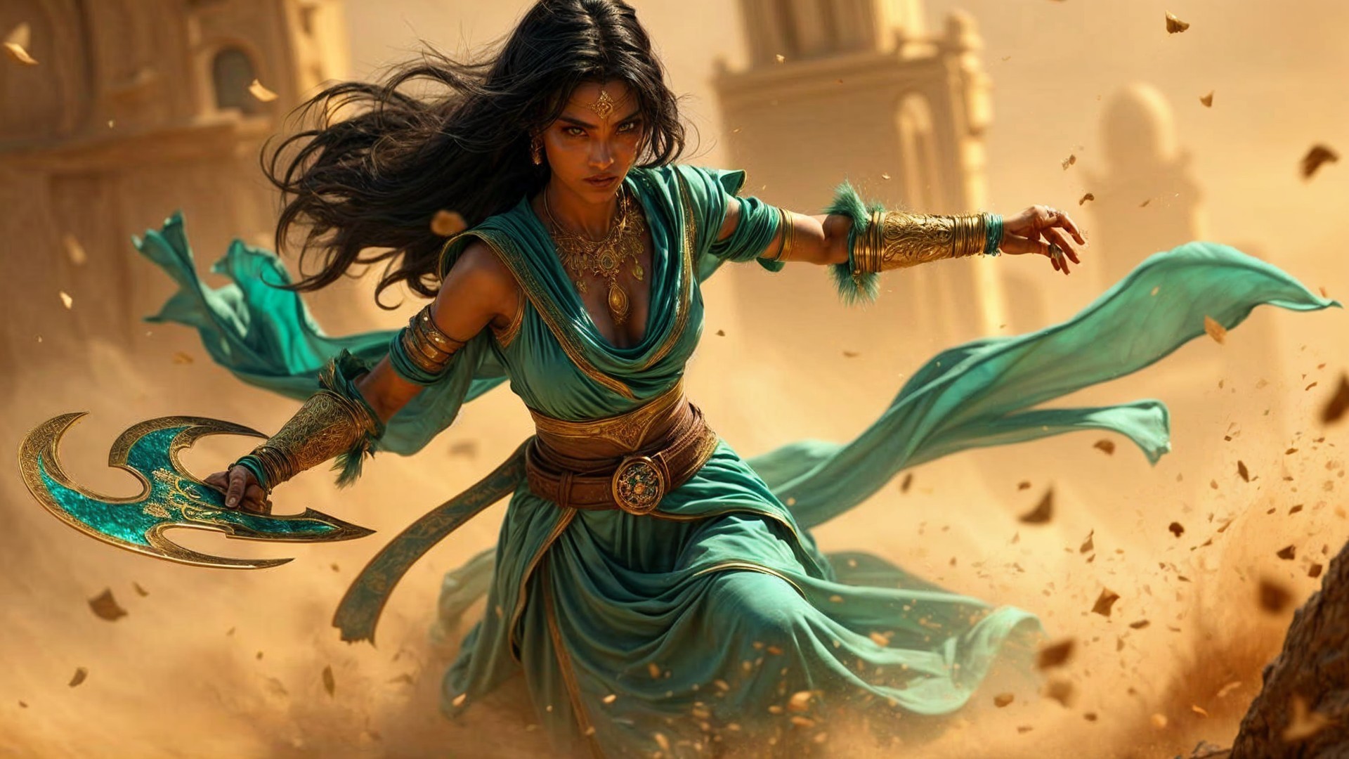 Fierce warrior in turquoise outfit with dual-bladed axe