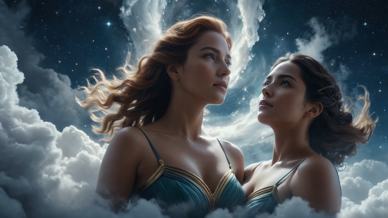 Ethereal Women in Celestial-Themed Dreamlike Scene