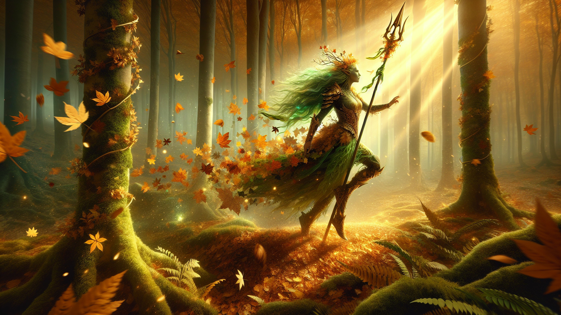 Majestic figure in a golden light forest setting