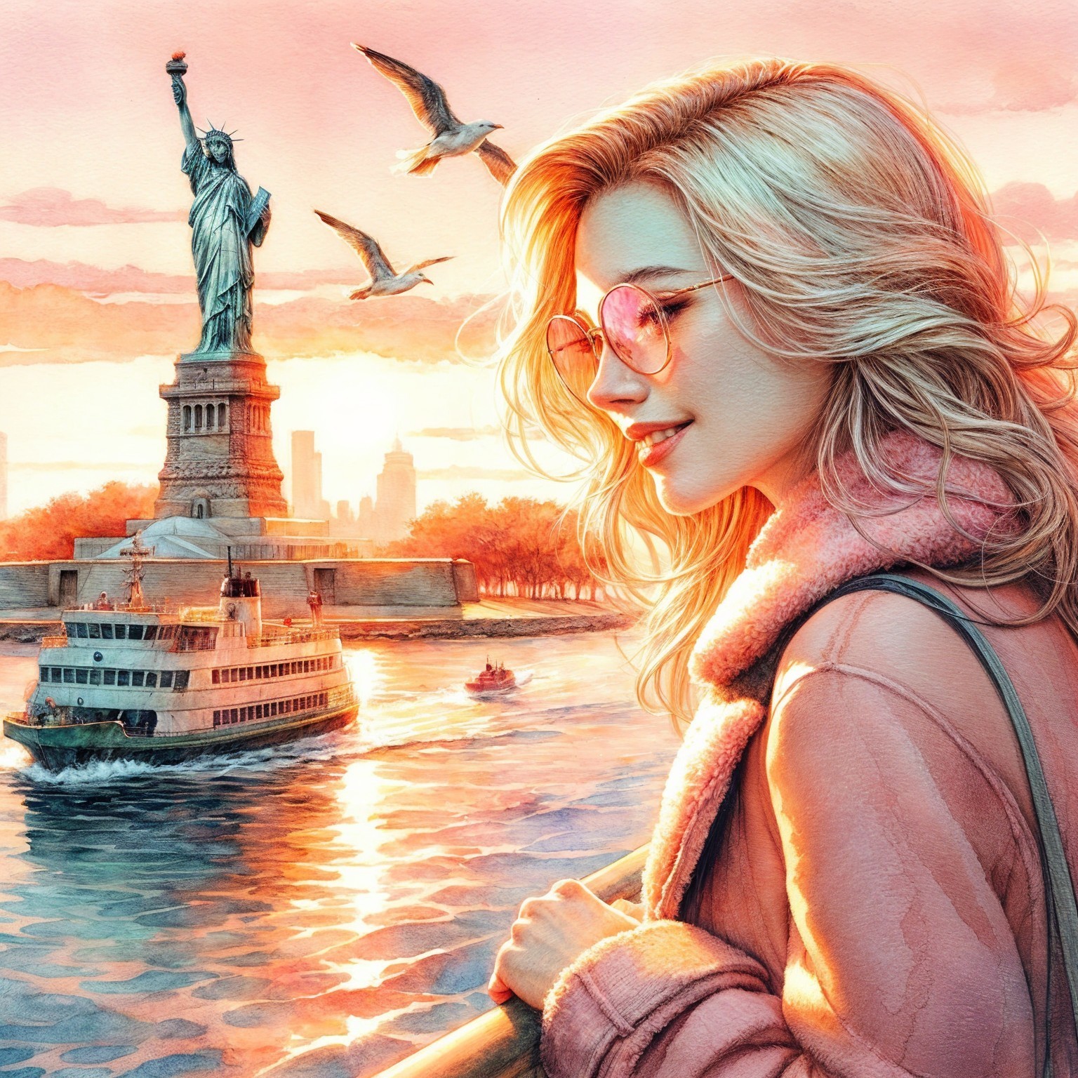 Young Woman Admiring Statue of Liberty at Sunset