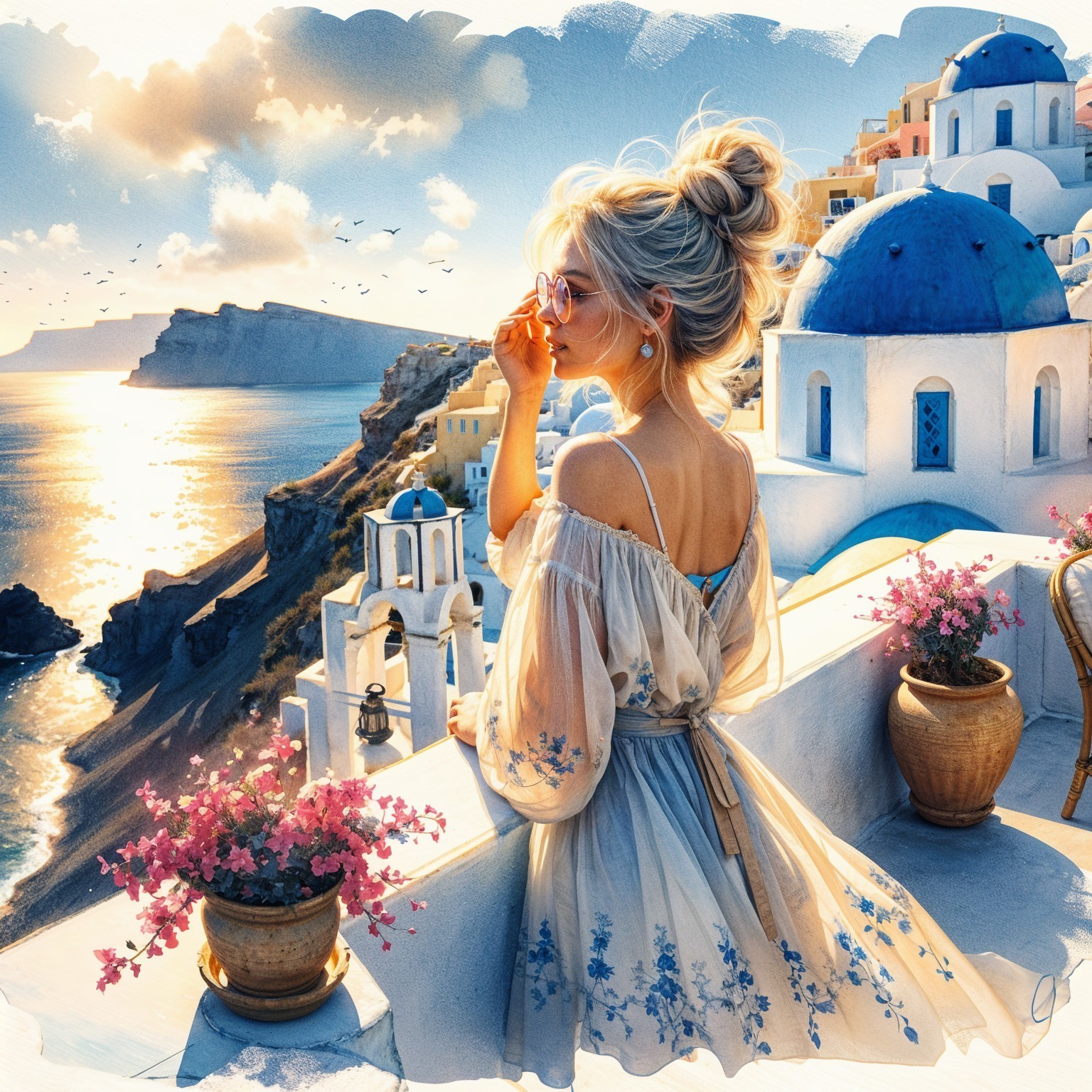 Woman on Terrace Overlooking Seascape and Buildings