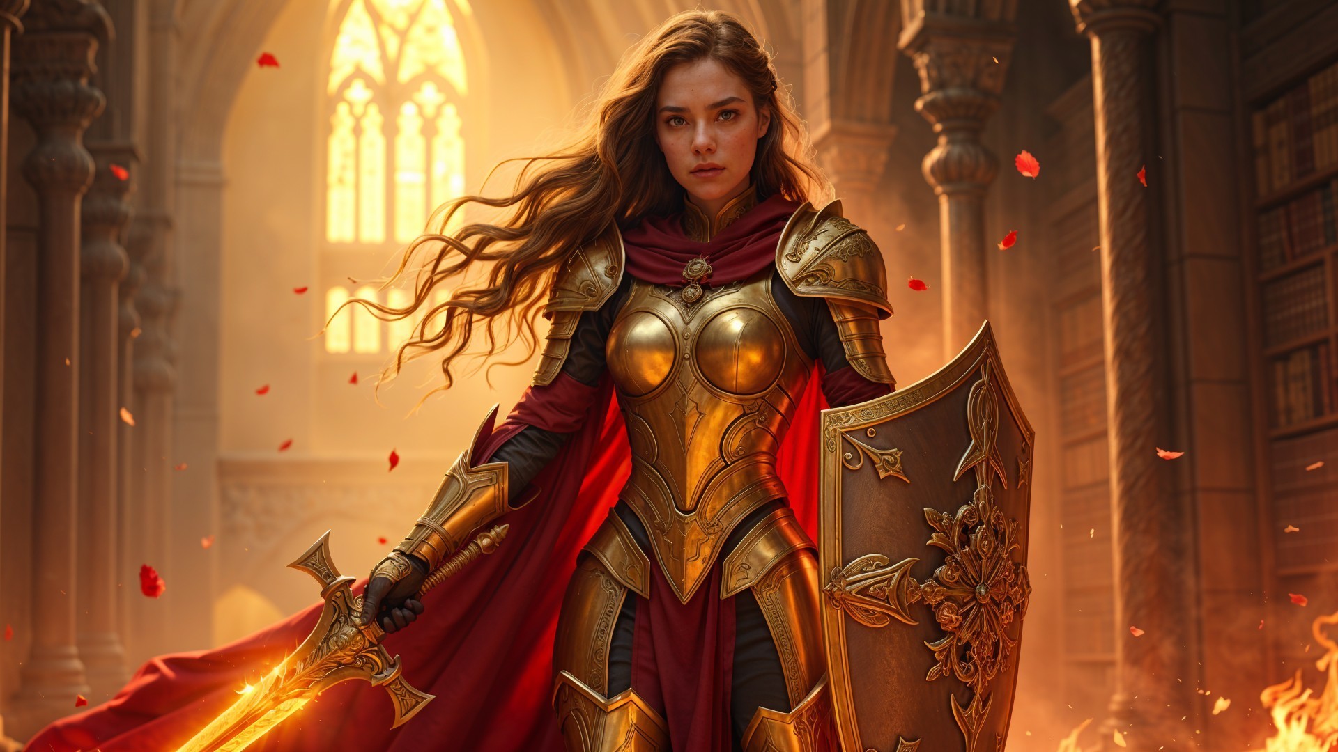 Warrior in Golden Armor with Sword and Shield