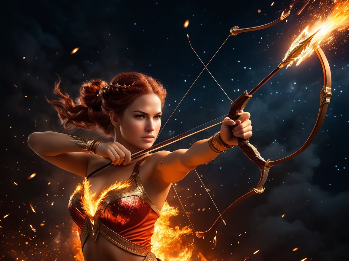 Fierce Female Warrior with Fiery Bow in Dark Scene