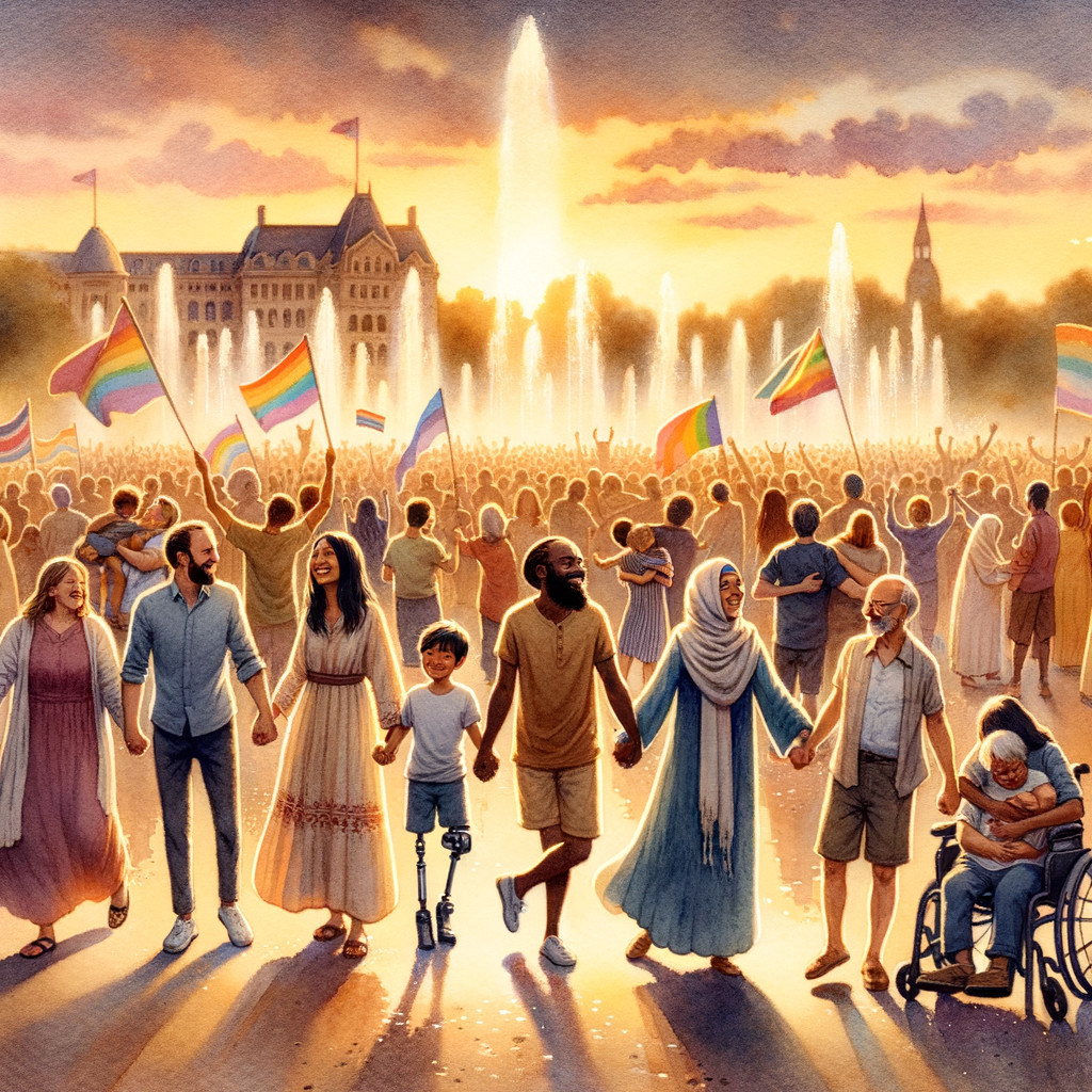 Diverse Crowd Celebrates at Vibrant Sunset Gathering