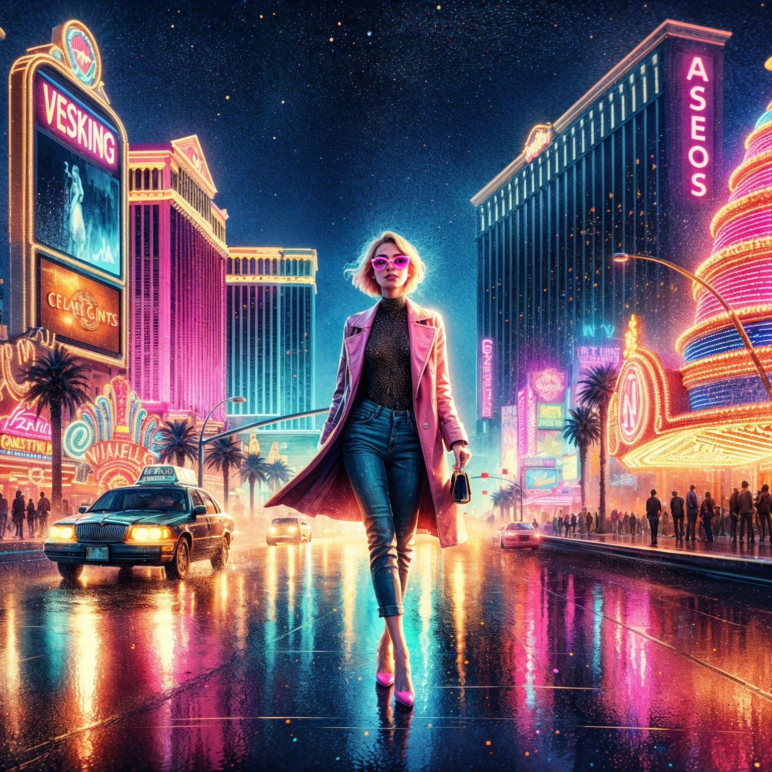 Stylish Figure in Neon-Lit City Street at Night