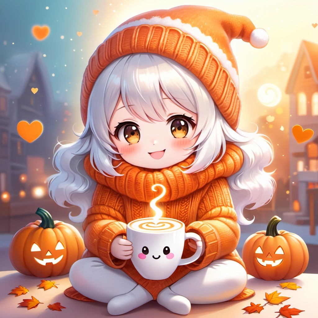Chibi Girl in Cozy Sweater with Pumpkins and Lights